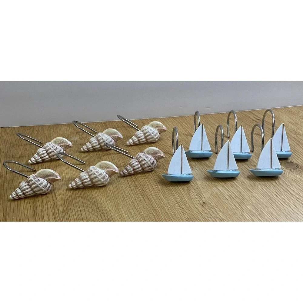 Sail Boat Sea Shells 12 count Shower Curtain Hooks Nautical Sea Ocean Decor